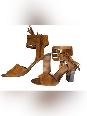 Franco Sarto Delmar Suede Fringe Heels Western Coastal Cowgirl Open Toe size 10